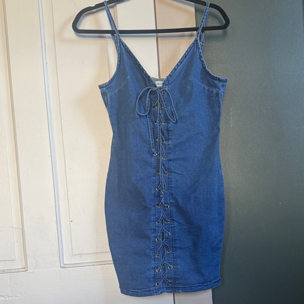 Lace-Up Denim Mini Dress - Blue